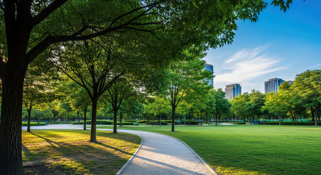 Sunlit Path Through Lush Green Parkland on a Clear Summer Morning A tranquil and serene atmosphere