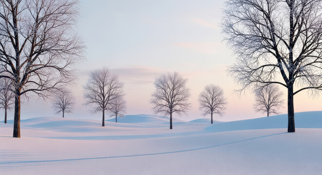 Panoramic landscape of snow-covered mountains and barren trees in a peaceful snowfall environment
