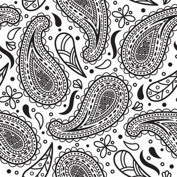 Seamless black and white paisley floral pattern
