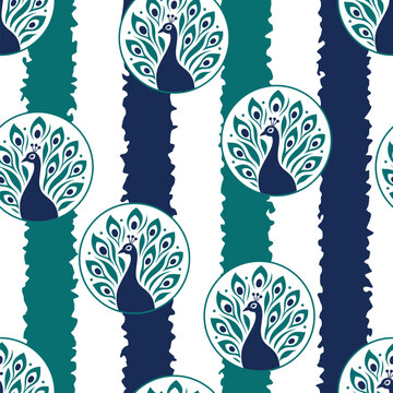 Seamless peacock and textured stripes pattern