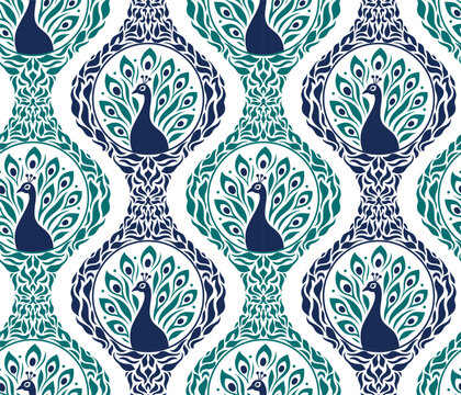 Seamless peacock damask ogee pattern
