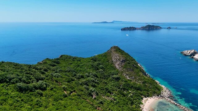 Aerial view of Porto Timoni double beach in Corfu, Greece
