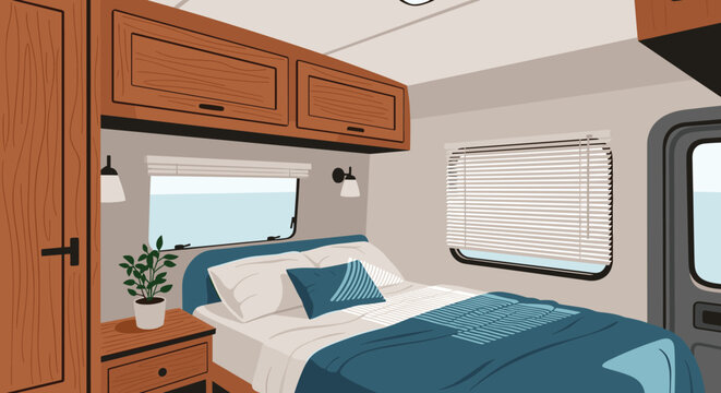 Comfortable bedroom interior inside a modern camper van or RV with cozy bedding, wooden cabinets, and window blinds.