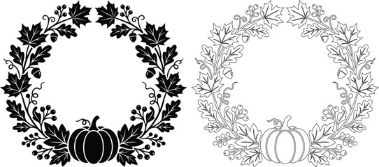 Autumn wreath with pumpkins and maple leaves black silhouette on white background © Sharmin