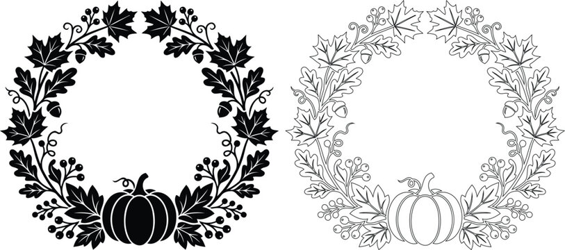 Autumn wreath with pumpkins and maple leaves black silhouette on white background