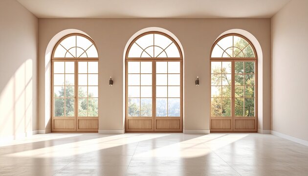 Classic white paneled room with arched windows and garden view.