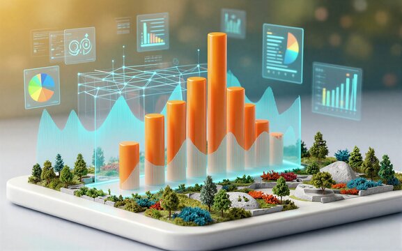 Digital landscape with data charts, trees, and graphs floating above a miniature eco-world.