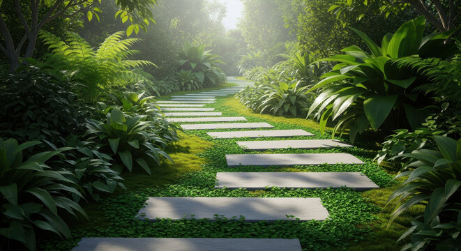 A serene and peaceful walkway through a lush and vibrant forest garden at dusk with warm golden