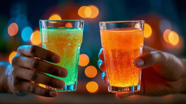 Hands Toasting Glowing Halloween Drinks at Party