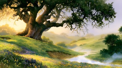 Fototapeta premium Serene watercolor landscape ancient oak tree meadow stream tranquil hills golden hour light evokes peaceful beauty