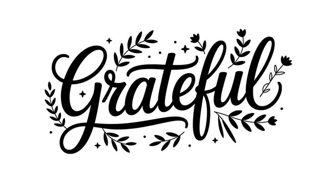 Elegant handwritten grateful text with decorative floral elements transparent background design