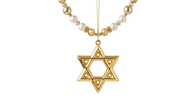 Elegant gold Star of David pendant with pearls and crystals on a white background