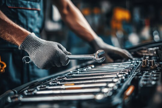 Professional auto mechanic selecting hand tools and inspecting a vehicle engine inside a modern automotive workshop, performing diagnostics and maintenance with precision and expertise.