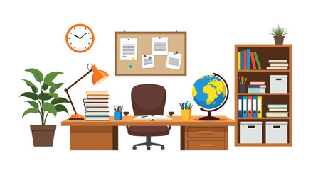 Fototapeta premium Cozy home office study workspace with a wooden desk, comfortable chair, globe, books, and bookshelves in a flat design.