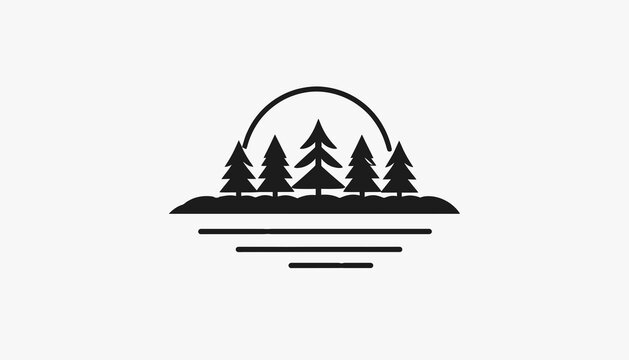 Black silhouette of pine trees landscape.
