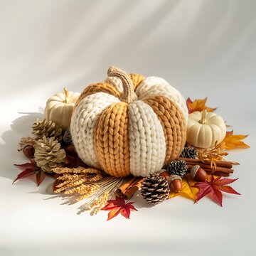 Handmade Knit Pumpkin Decoration Surrounded By Autumn Natural Elements