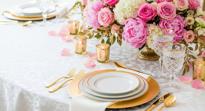 Elegant still life of a table setting with fine china and a stunning arrangement of pink and white