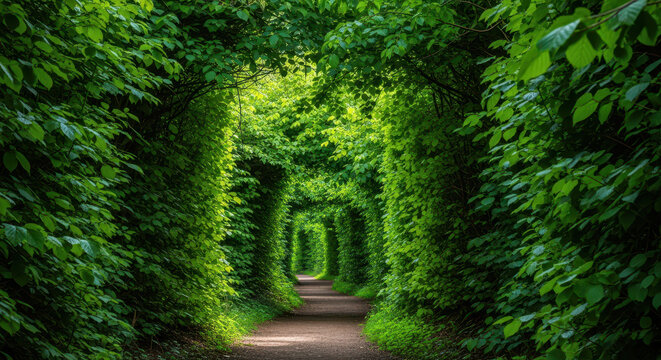 Dramatic Image of a Long Dark Forest Path Lit by Dapples of Sunlight Through the Canopy Above