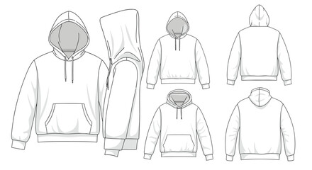 Naklejka premium Detailed technical fashion flat drawing of a blank white sportswear unisex hoodie, shown from front, back, and side views.