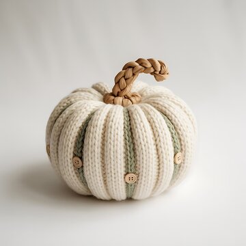 Handmade Knitted Pumpkin Decoration with Button Stem and Braided Top