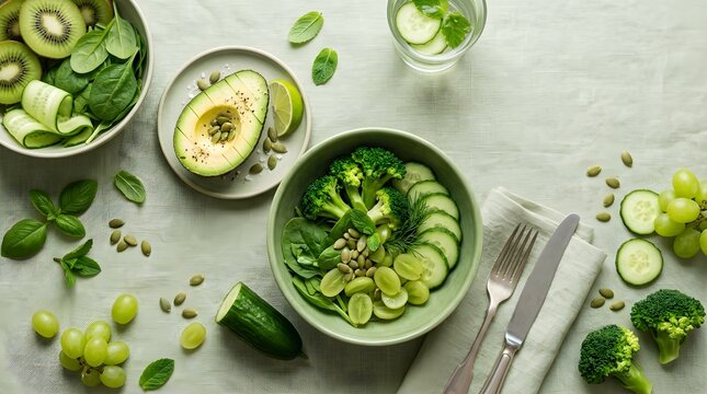 Healthy Lunch Box Components with Fresh Green Vegetables and Fruits