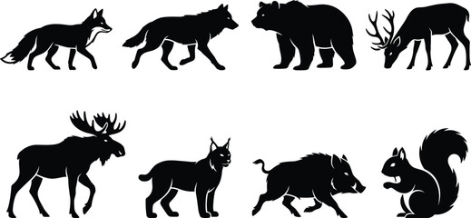 Naklejka premium Woodland animal silhouette collection featuring squirrel, fox, deer, lynx, wild boar, bear, wolf, moose designs