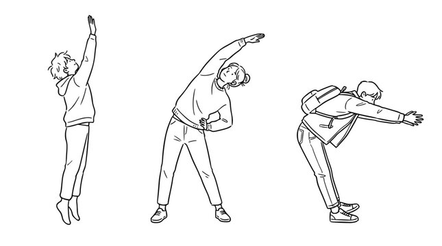 This vibrant illustration depicts three characters in dynamic stretching poses, illustrating movement, energy, and health, with a playful representation of their energized bodies in action.