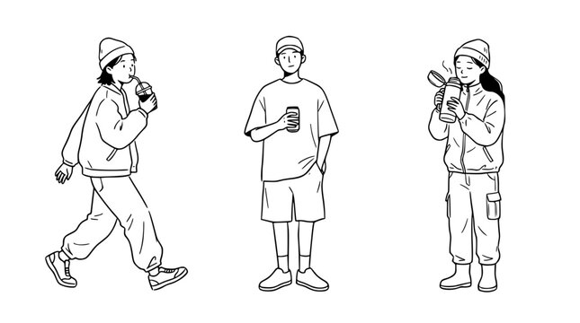 Illustration showcasing characters enjoying beverages in a relaxed social setting, emphasizing casual interaction through minimalist line art style, perfect for contemporary lifestyle themes.
