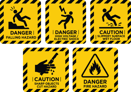 Danger and Caution Safety Signs Vector Set. Industrial Warning Labels for Workplace Hazards: Falling, Electric Shock, Slippery Surface, Sharp Objects, Fire Hazard