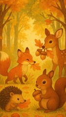 Fototapeta premium Charming woodland creatures in autumn mobile wallpaper