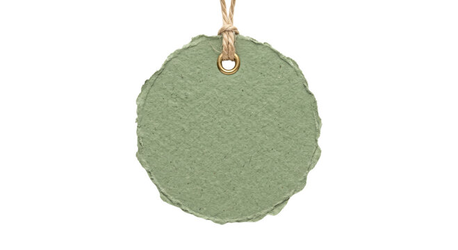 Rustic green paper tag with frayed edges hanging by twine