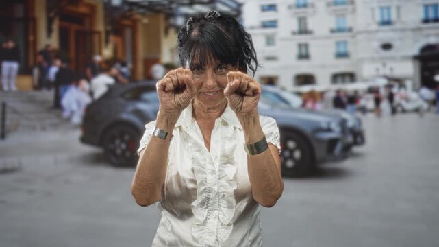 Woman making clawing hand gesture and reaching forward on a city street by a parked car and building; playful mischief.