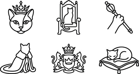Obraz premium Set of royal cat icons elegant black and white line art vector illustrations perfect for luxury pet branding or fantasy designs
