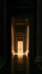 Fototapeta premium Grand neoclassical hallway evokes timeless elegance bathed in warm golden light and polished marble reflections