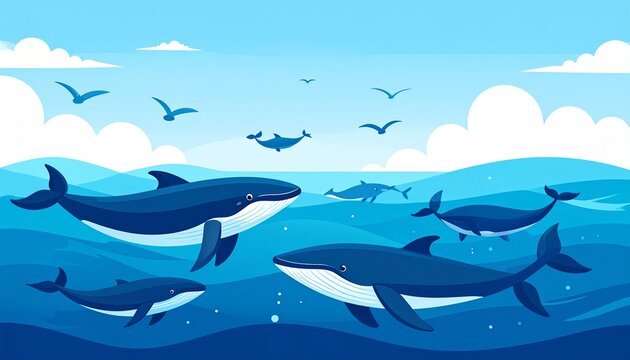 School of dolphins swimming in crystal clear ocean water.