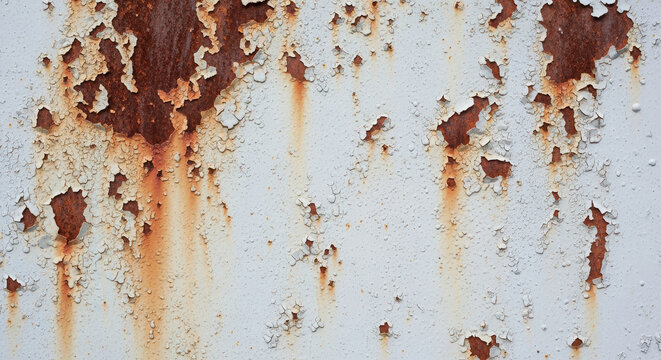 A close-up of an old rusted metal sheet with flaky paint and heavy darker brown and orange rust
