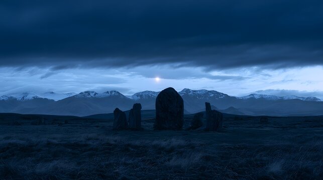 Ancient stones beneath twilight sky evoke timeless mystery across a vast serene landscape