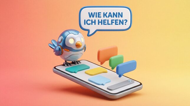 Niedlicher Roboter-Vogel auf Smartphone zeigt Sprechblase mit Wie kann ich helfen