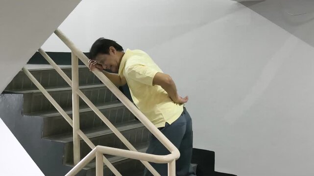 Old Asian senior man suffering from lower back pain while walking up the stair with dim light, herniated disc, spinal dislocation, gout arthritis, osteoporosis