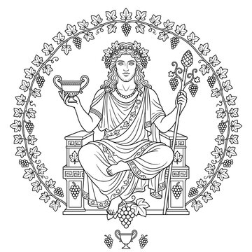 Dionysus Greek god of wine illustration with vine wreath and thyrsus