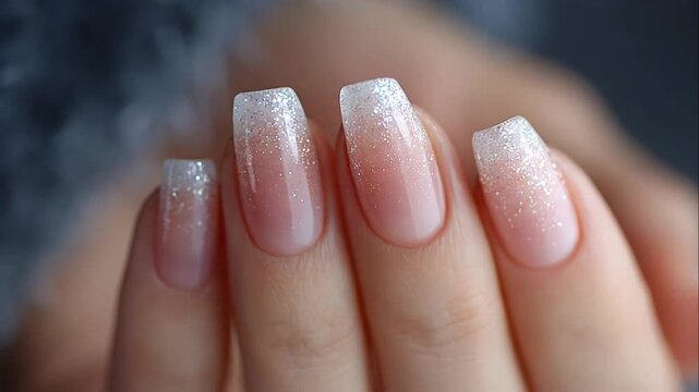 Glittery French ombre nails close up view.