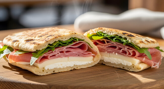 Prosciutto sandwich with fresh arugula and soft cheese sits on a round wooden cutting board.