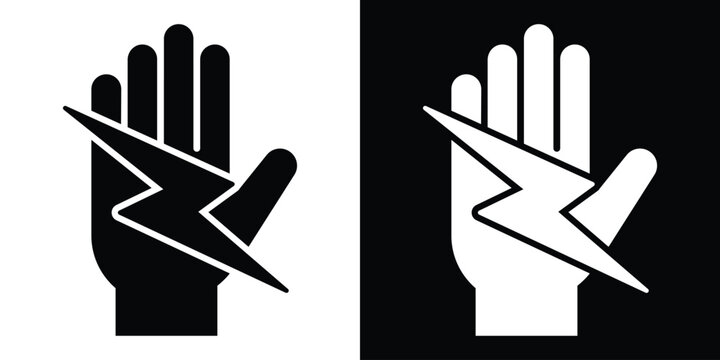 Modern electrical warning icon set featuring hand and bolt. Minimalist black and white flat graphic showing electricity risk and hazard safety.