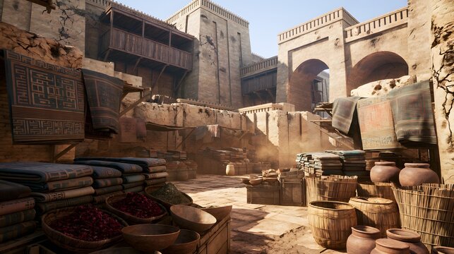 Ancient Babylon marketplace bathed in midday sun a photorealistic archaeological wonder evokes timeless history