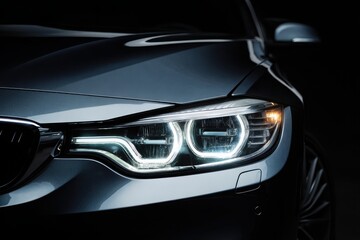 Naklejka premium Close-up of a modern car front with illuminated LED headlight in a dark studio, highlighting premium automotive design and sleek styling.