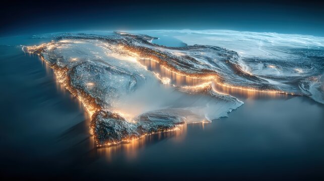 Aerial view of Saudi Arabia at night, with city lights illuminating the coastline and reflecting on the ocean. ..Created with Generative AI, not depicting real subjects.