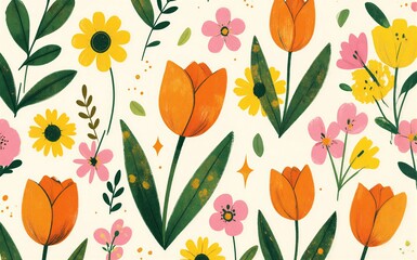 Naklejka premium Vibrant flowers in orange, pink, and yellow bloom across a cheerful, patterned background.