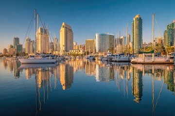 Fototapeta premium Picturesque marina with sailboats reflecting city skyscrapers in tranquil waters