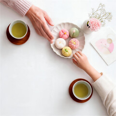 敬老の日に和菓子と日本茶を囲む祖父母と孫の手元
