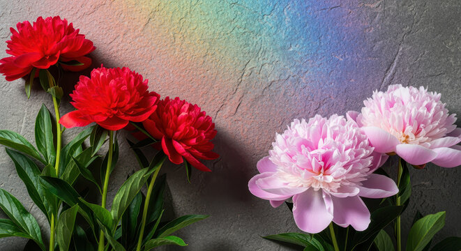 A beautiful bouquet of fresh red and pink flowers placed on a dark wooden table in a soft warm light